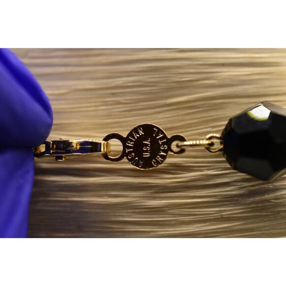 Austrian Crystal USA Vintage Necklace Open Bezel Clear Black Gold Signed 80s 9J - Picture 10 of 12